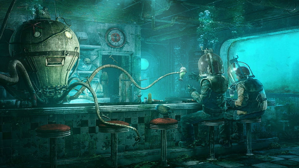 two divers in underwater restaurant in front of robot digital artwork, steampunk HD wallpaper