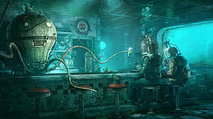 two divers in underwater restaurant in front of robot digital artwork, steampunk