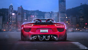 red Porsche sports car, car, Porsche, city, Porsche 918 Spyder HD wallpaper