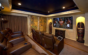brown wooden dresser with mirror, home cinema, interior design, indoors HD wallpaper