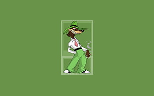 brown dog in white dress shirt and green pants illustration HD wallpaper