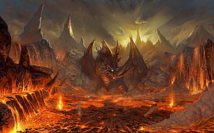 red dragon digital wallpaper, dragon, lava, fantasy art, video games