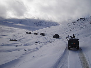 white and black plastic toy, car, people, snow, mountains