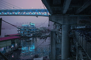 blue concrete bridge, cityscape, neon, boat, bridge