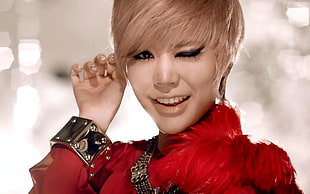 K-pop artist in red top HD wallpaper