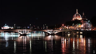 gray concrete bridge, Lyon, France, photography, night