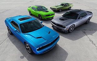 four assorted-color cars, car, Dodge Challenger R/T