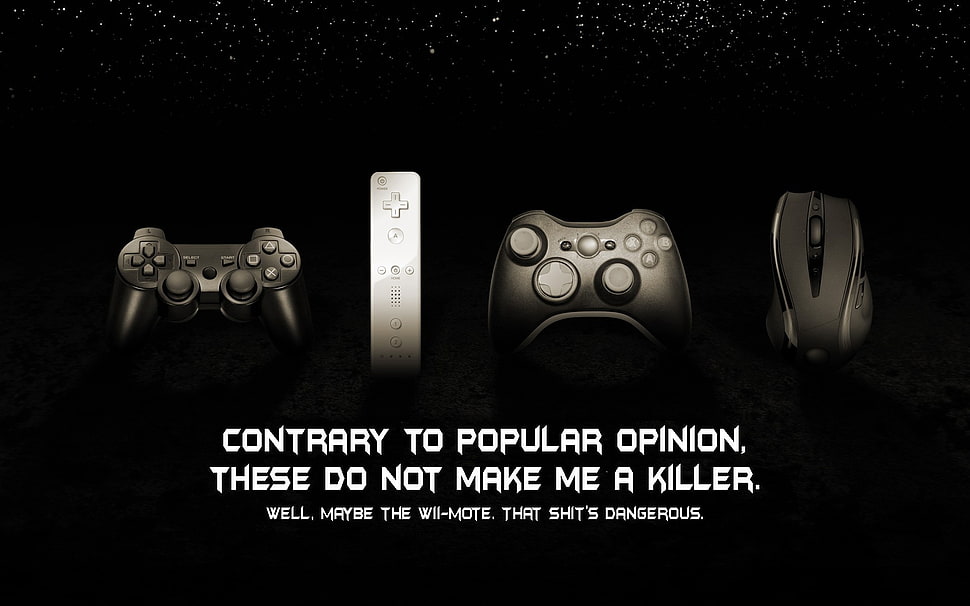 two black wireless controllers, white remote controller, and wireless mouse HD wallpaper