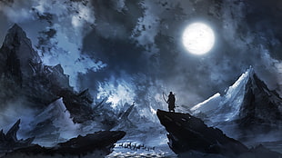 warrior on cliff painting, fantasy art, Moon, hero, clouds HD wallpaper