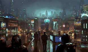 animated illustration of city, city, rain, futuristic city, cityscape