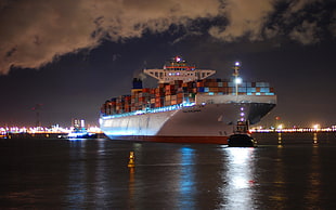 white cargo ship, container ship, ship, vehicle