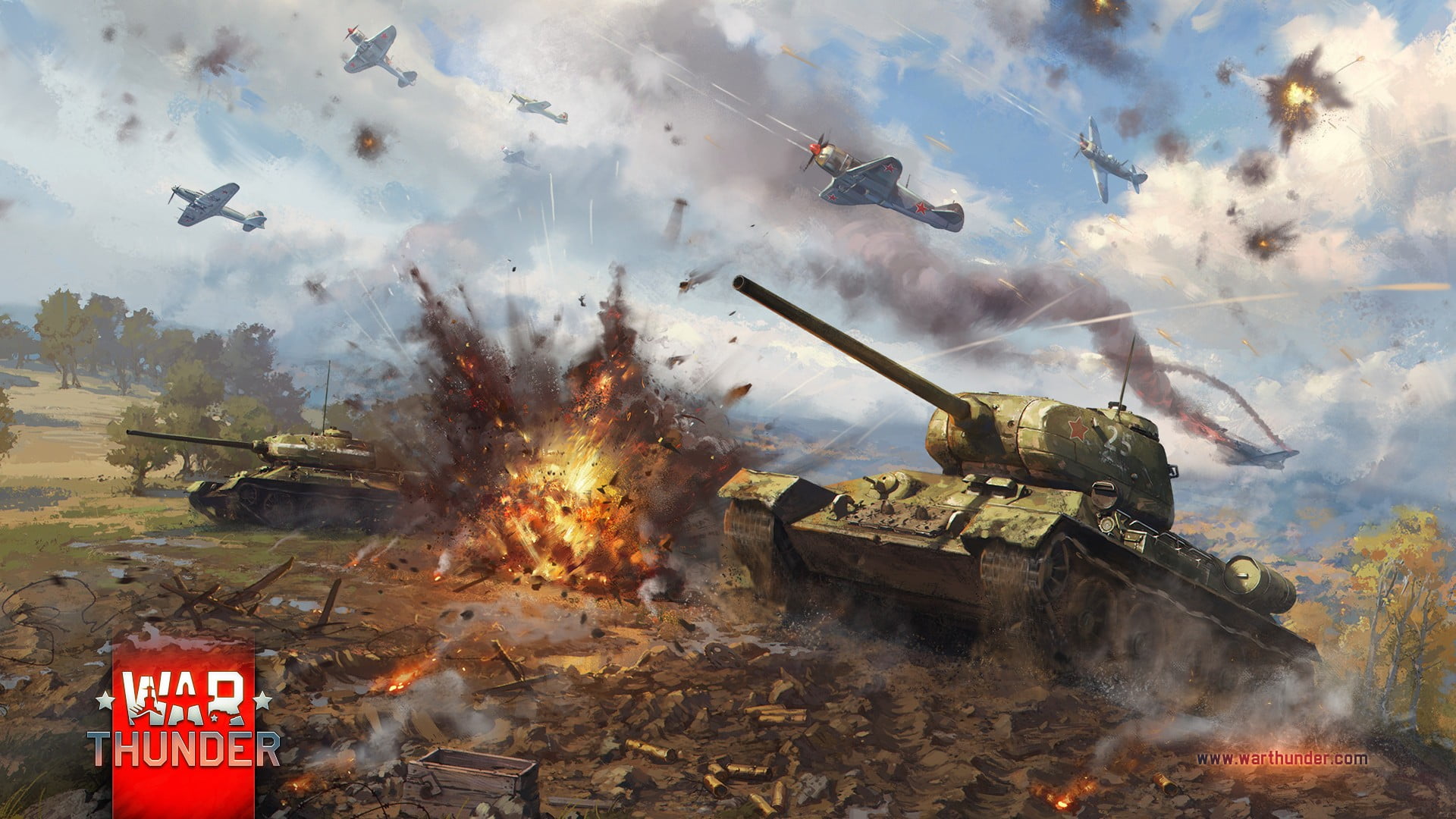 War Thunder promo art, War Thunder, airplane, tank, T-34