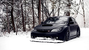 matte black sedan, Subaru, snow, winter, car HD wallpaper