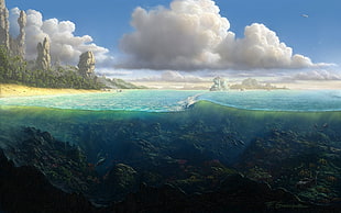 half photography of underwater and above water, artwork, sea, fish, clouds