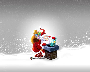 Santa Claus holding green giftbox up on chimney opening on roof HD wallpaper