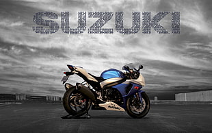 blue and gray Suzuki sports bike, Suzuki GSX-R, Suzuki, motorcycle, logo