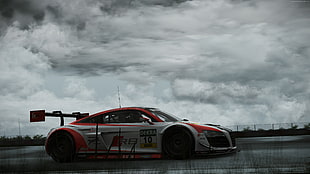 white and red Audi R8 on race track during cloudy day HD wallpaper