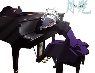 female anime character leaning on a grand piano digital wallpaper