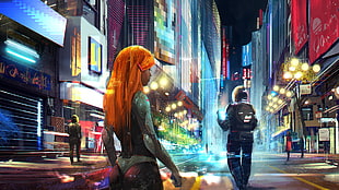 woman with orange hair animated character on street