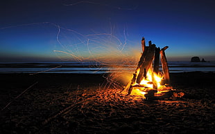 fire pit on seashore at nigh time