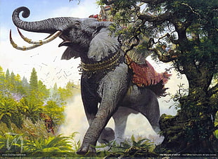 grey elephant crossing green tree and plants wallpaper, Oliphaunts, The Lord of the Rings, Ted Nasmith, fantasy art