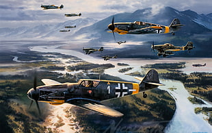 black and yellow monoplanes digital art, Messerschmitt, Messerschmitt Bf-109, World War II, Germany HD wallpaper