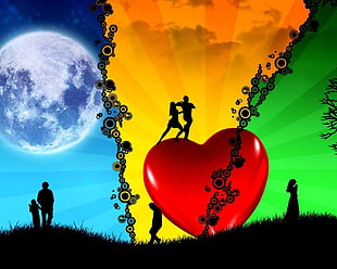 photography of man and woman dancing on heart illustration