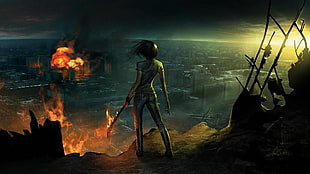 female character holding weapon facing on ruined city digital wallpaper