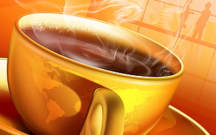 red and black ceramic bowl, cup, coffee, map, artwork