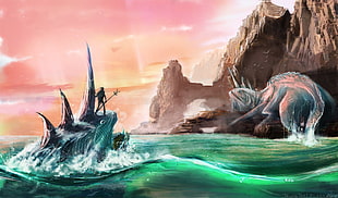 sea monster illustration, water, fantasy art, fish, creature