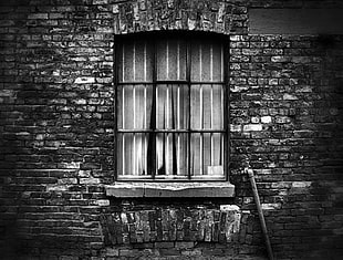 gray scale photo of windows and curtain