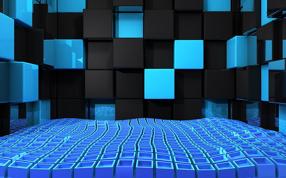 Aqua and black cubes illustration HD wallpaper