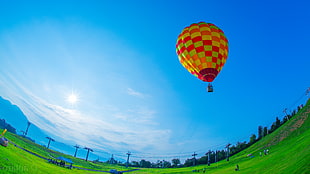 worm's eye view of hot air balloon flying over green grass field during sunny day and clear sky