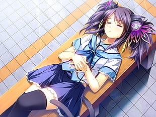 purple hair female anime character in white and blue shirt and purple skirt digital wallpaper