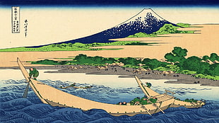 white and blue boat on body of water painting, Hokusai, landscape, Wood block