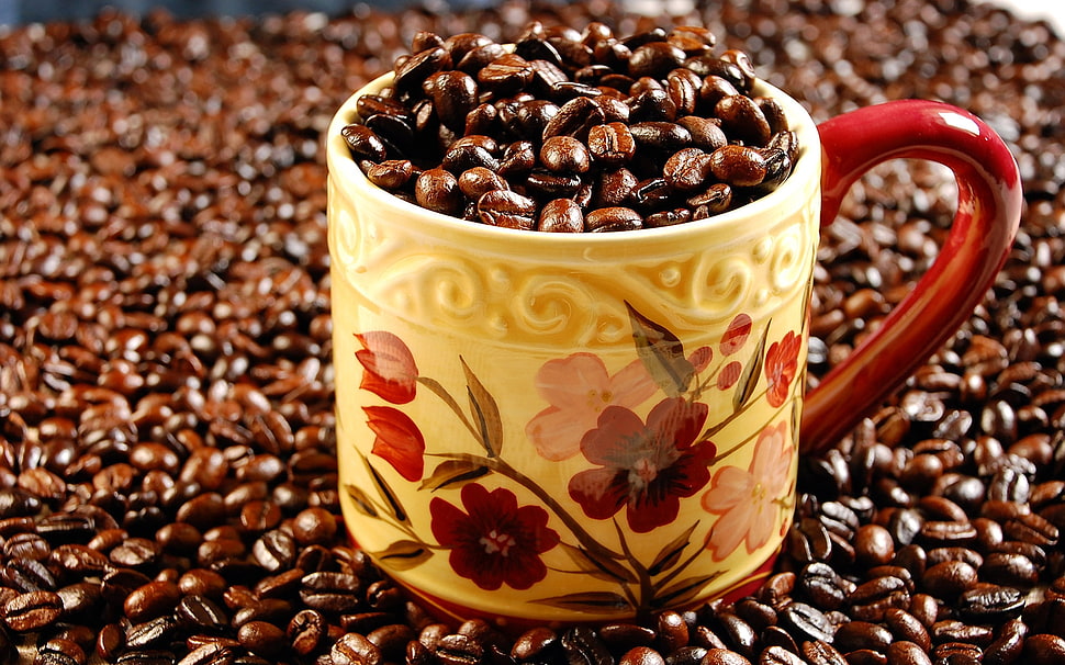 Beans of Coffee on yellow and red ceramic mug HD wallpaper