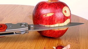red apple and gray folding knife, apples, knife, humor HD wallpaper