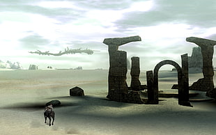 man riding on horse near of rock formation on dessert digital wallpaper, Shadow of the Colossus, video games
