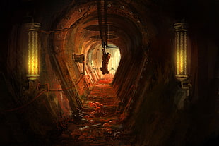 horror-themed underground tunnel digital art, digital art, artwork, horror, creepy