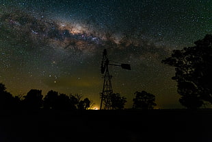 silhouette of windmill, stars, night, windmill