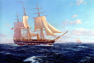 brown sailing ship, paddleship, sea, ship, artwork HD wallpaper