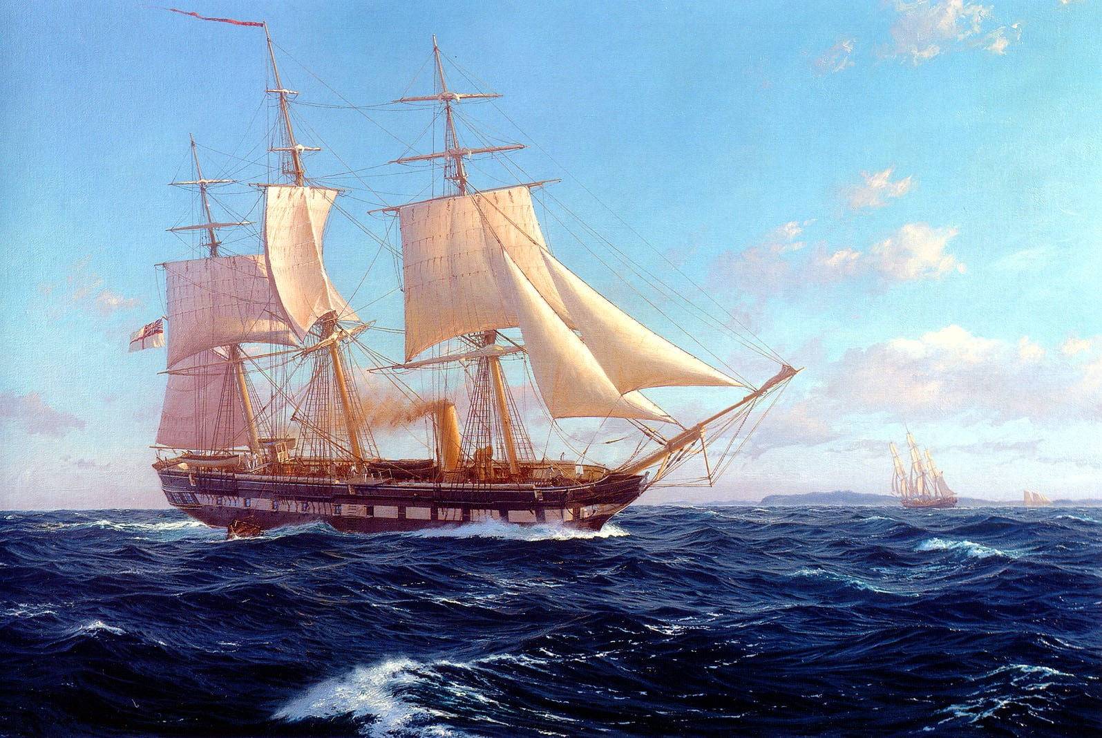 brown sailing ship, paddleship, sea, ship, artwork