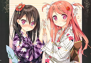 two female characters with floral robes HD wallpaper