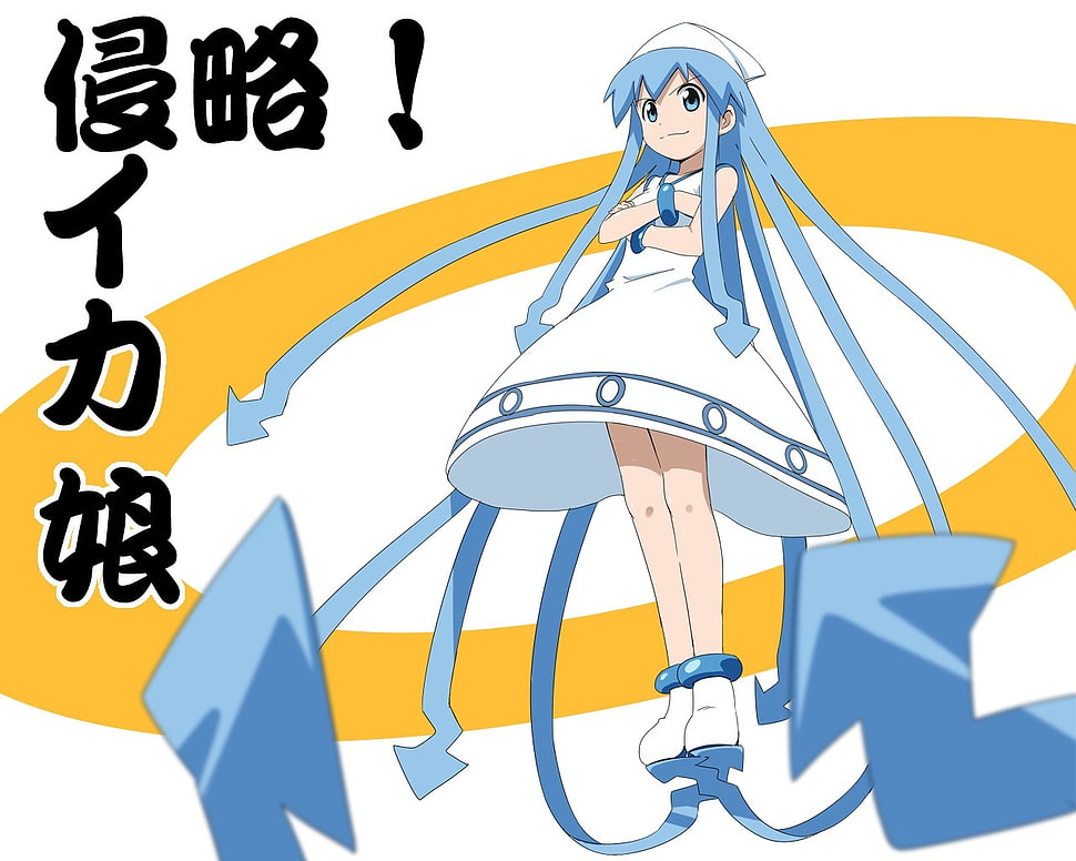 long blue hair white dress female anime character HD wallpaper