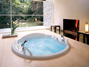 jetted bathtub with flat screen television