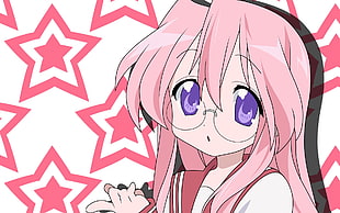 woman with pink hair and eyeglasses with star background anime character