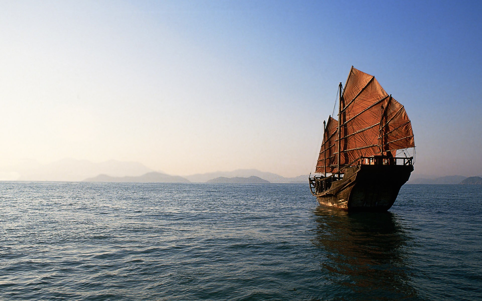 brown wooden sailboat, boat, sea, China
