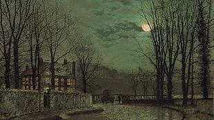 brown trees during nighttime painting, John Atkinson Grimshaw, classic art, Moon, night