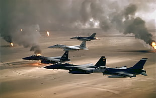 five gray jet fighters, aircraft, General Dynamics F-16 Fighting Falcon, F15 Eagle