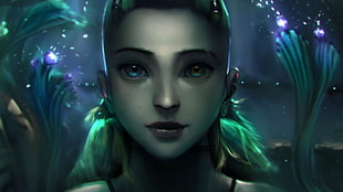female character poster, futuristic, face, green
